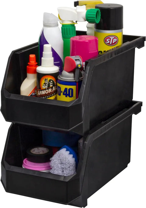 Rad Heavy Duty Stackable Plastic Storage Bins 6 Pack Black Open Front Bin For Garage Shed Cabinet Closet Organization Of Tools Cleaning Products And Gardening Gear Solid Long Lasting Durability