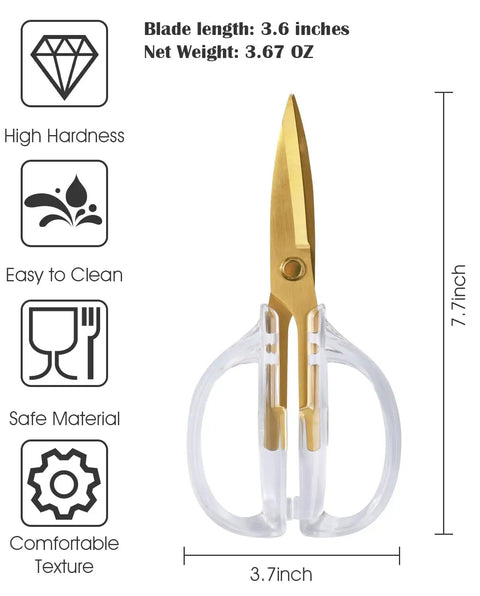 Gold Titanium Plated Kitchen Shears, 7.7 Inch Heavy Duty All Purpose Scissors For Meat, Poultry, And Everyday Kitchen Tasks, Stainless Steel With Acrylic Handle, Dishwasher Safe, Diamond Clear Finish, 7.7-inch gold blades with clear handles