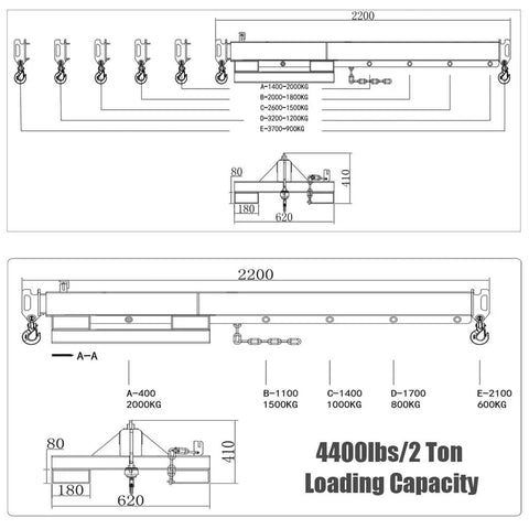 Heavy Duty Forklift Mobile Crane With 2 Ton Capacity Adjustable Jib Boom And Telescopic Arm For Horizontal And Vertical Lifting Easy Setup Rock Solid Workhorse diagram showing dimensions and weight capacity.