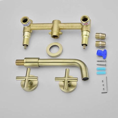 Brushed Gold Brass Wall Mount Bathroom Faucet With Two Cross Handles No Fuss Rough In Valve One Quarter Turn Ceramic Cartridge 360 Degree Rotating Spout Reaches 208mm Built To Last