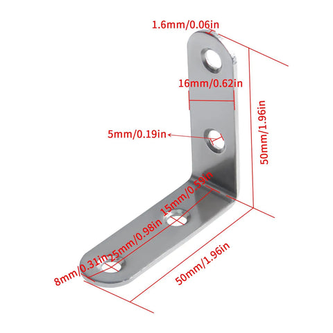 L Shaped Shelf Brackets 2 Inch Stainless Steel 90 Degree Corner Brackets with measurements shown