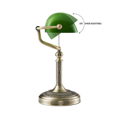 Green Glass Bankers Desk Lamp With Pull Chain Switch Plug In Fixture E26 Socket Max 60 Watt Bulb Compatible Adjustable Reading Light