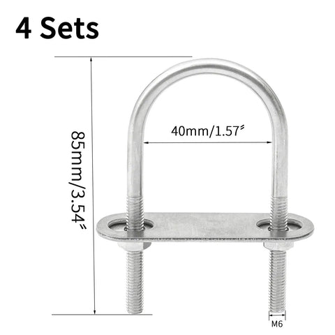 Four Pack Round U Bolts With Nuts, Plate And Washer Kit Built Tough For Secure Mounting, 1.57 Inch Inner Width 40mm, 85mm Long, M6 Thread