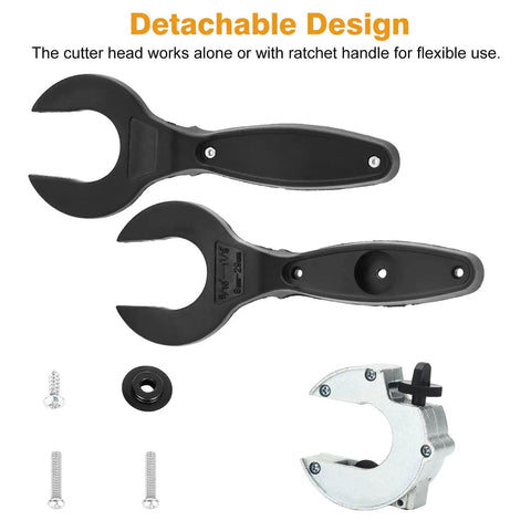 Ratchet Pipe Cutter Tool For Tight Spaces 8-29 mm detachable head and components displayed on a white background