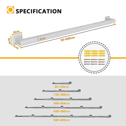 Rock Solid Eight Point Two Foot Modern Wrought Iron Grab Rail with Heavy Duty Wall Mount Brackets shown in specifications with dimensions.