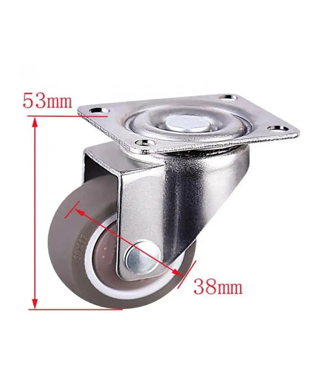 Close-up of Four Pack 1.5 Inch Silent Swivel Caster Wheels For Furniture Wear Resistant Rubber Flat Rollers with measurements