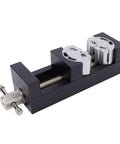 Heavy Duty Mini Vise Clamp For Drill Press Bench Made From Solid Aluminum Alloy With Self Adjusting Smart Grip seen from the side.