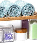 Bamboo Kitchen Cabinet Shelf Organizer for Pantry, Countertop, and Bathroom Space Saver Stackable Shelf with towels and jars