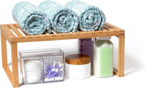 Bamboo Kitchen Cabinet Shelf Organizer for Pantry, Countertop, and Bathroom Space Saver Stackable Shelf with towels and jars