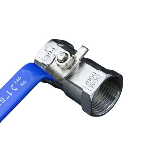 Bulletproof Stainless Steel Ball Valve With Slick Female Threaded Plumbing Connector For Faucets And Water Pipes, 1 inch with blue lever.