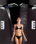 Straight Up Knockout Style Matte Black Rainfall Shower System With Waterfall Body Spray And Thermostatic Mixer Valve Wall Mounted modern bath fixture in use.