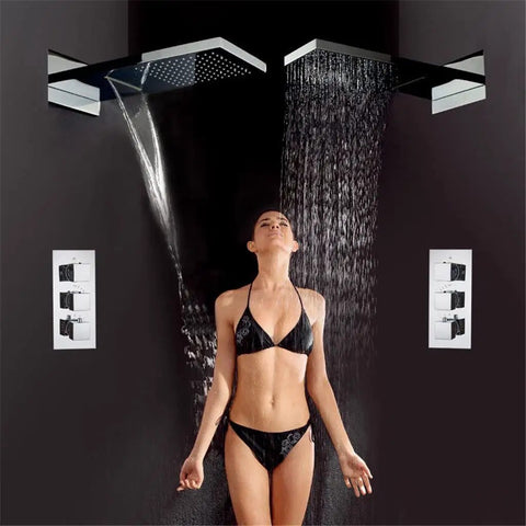 Straight Up Knockout Style Matte Black Rainfall Shower System With Waterfall Body Spray And Thermostatic Mixer Valve Wall Mounted modern bath fixture in use.