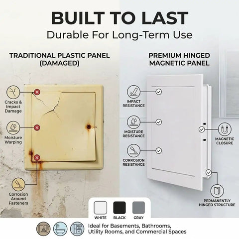 Side-by-side comparison of damaged plastic panel and Built Tough Metal Access Panel With Zero Sag Magnetic Lock Covers Drywall Cutouts And Ceiling Openings Stays Put During Hvac Plumbing Fixes Snug Flush Look Gray 8X8 Inch Quick Clip.