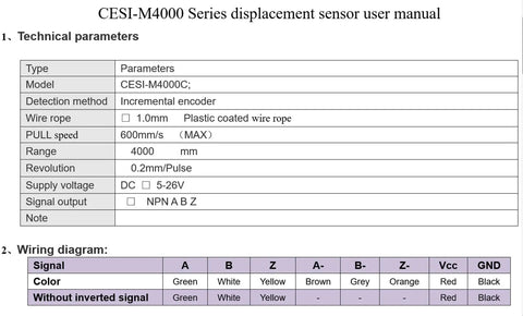 CESI-M4000 Series displacement sensor technical parameters and wiring diagram