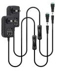12V Power Adapter With Built In Switch For Easy On Off Control, 12W 1A, 2 Pack, Includes 3.9 Ft US Plug Cable And 5.5 Mm X 2.1 Mm Connector on black cord