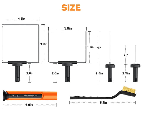 Sizes and dimensions of Rongter Hot Wire Foam Cutter Kit for Styrofoam Modeling, showing tips and handle details.