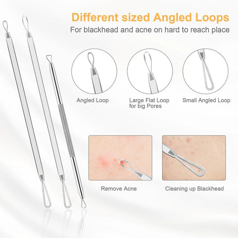 9-In-1 Pimple Popper Kit With 16 Precision Heads, Blackhead Remover Tools Set showing angled loops and extraction use