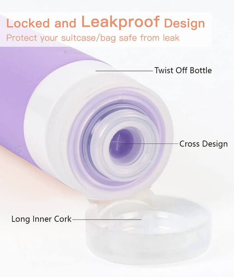Leakproof Travel Bottles 6 Pack, 3 Oz TSA Approved Refillable Silicone Containers for Shampoo and Conditioner, close-up of twist off bottle cap