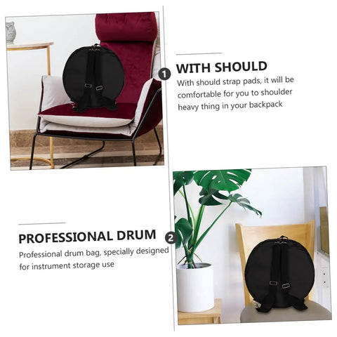 Premium Heavy Duty Waterproof Drum Instrument Backpack featuring rugged adjustable shoulder straps on a chair.