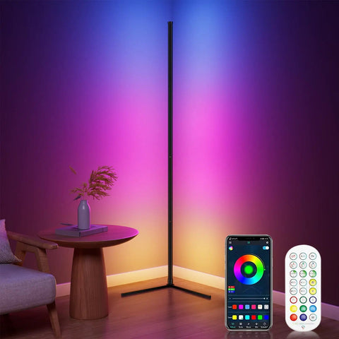 RGB Corner Floor Lamp With Bluetooth App Control And Remote Music Sync LED Mood Lighting for Living Room 64.5 Inch Tall in corner with remote