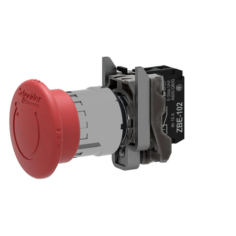 Schneider Electric XB4BS8442 emergency push button switch with chromium-plated metal bezel for 22mm cutouts, 1NC latching