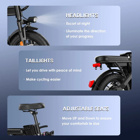 Foldable Electric Bike For Adults And Teens With 740W Peak Motor 48V 10Ah Removable Battery features headlights, taillights, adjustable seats
