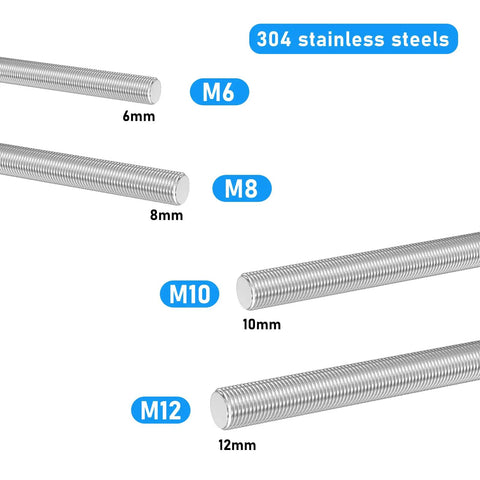 Various sizes of 304 stainless steel threaded rods, including M10, displayed with labels for DIY and industrial projects.