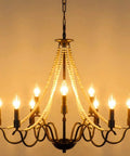 9 Light French Country Rustic Farmhouse Candle Chandelier With Wood Beads Bronze Finish Kitchen Island Lighting