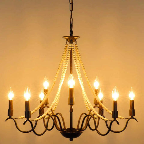 9 Light French Country Rustic Farmhouse Candle Chandelier With Wood Beads Bronze Finish Kitchen Island Lighting