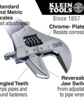 2-In-1 Reversible Adjustable And Pipe Wrench with chrome-plated finish, angled teeth, and scale details.