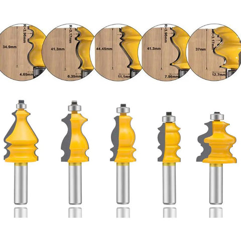 Half Inch Shank Molding Router Bit Set For Edge Rounding And Roundover Beading Five Piece Pro Grade Carbide Cutter CNC