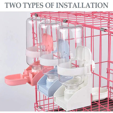 Two Pcs 17oz Silent Water Bottle For Small Animals With Leak Proof Spout Keeps Your Bed Dry Perfect For Rabbits And Guinea Pigs Hanging Cage Setup With Easy Snap Hooks No Drama Just Quench Your Fur Baby, showing installation types.