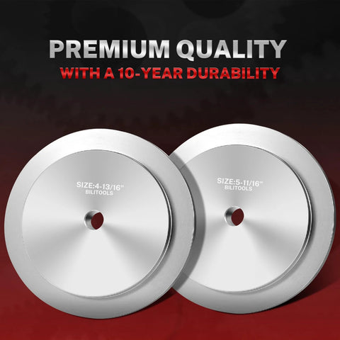 Front view: two silver BilTools hub seal installer discs, sizes 4-13/16 in and 5-11/16 in