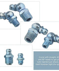 80 Piece Max Strength Grease Fitting Set With SAE Zerk NPT Threads In One Quarter Inch And One Eighth Inch Sizes, Includes 90 Degree, 45 Degree, And Straight Angled Nipples For Auto, Tractors, And Industrial Machinery.