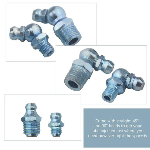 80 Piece Max Strength Grease Fitting Set With SAE Zerk NPT Threads In One Quarter Inch And One Eighth Inch Sizes, Includes 90 Degree, 45 Degree, And Straight Angled Nipples For Auto, Tractors, And Industrial Machinery.