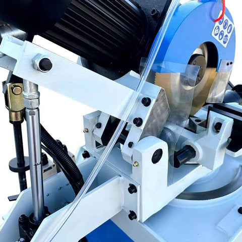 Close-up of Heavy Duty 12 Inch Semi Automatic Hydraulic Cold Cut Saw 4Hp Metal Cutter mechanism with swivel base and hydraulic clamping.