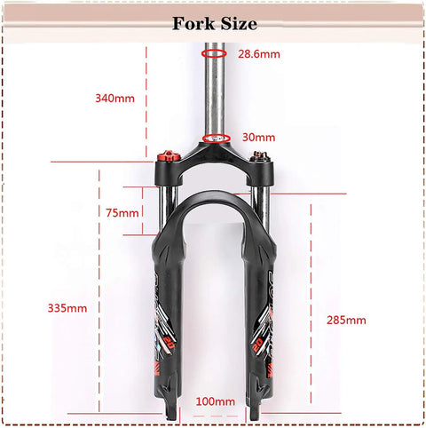 20 Inch Folding Mountain Bike Coil Suspension Fork With 50Mm Travel, 28.6Mm Threadless Straight Steerer, dimensions labeled