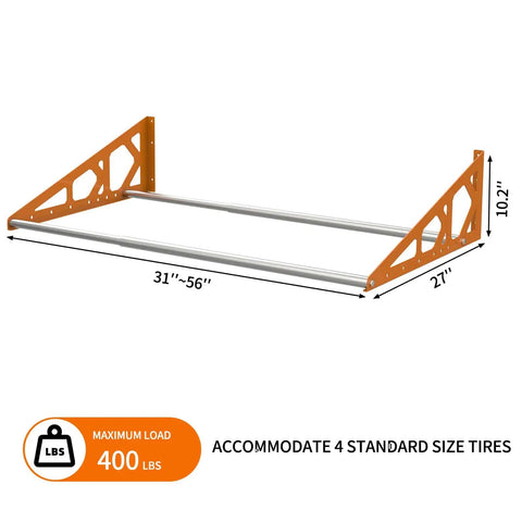 Wall Mount Tire Rack With Adjustable 31 To 56 Inch Range, Heavy Duty Steel Telescopic Rods, 400 Pound Capacity, Tire Storage Organizer For Garage, Keeps Tires Off Floor And Ready To Roll, Orange.