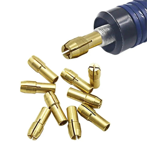 4 Premium Brass Collet Chuck Adapters In 2.4 And 3 Millimeter For Your Mini Rotary Power Tool, brass build shown with a tool and multiple adapters.