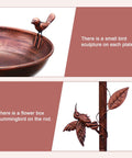 Close-up of Antique Bronze Metal Bird Bath Outdoor Decor With Hummingbird On Pole And Sparrow On Bowl, showing detailed design.