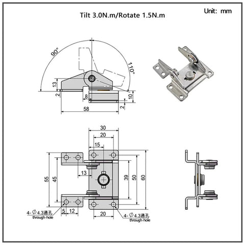 Front view of Amazon stainless steel dual-axis hinge with damping, 60° rotation, through-hole mounting; 1 piece.