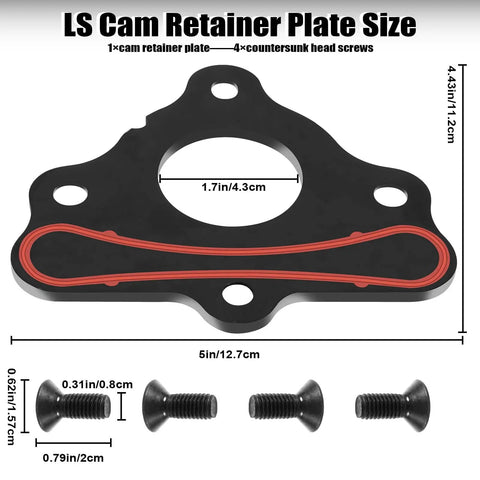 LS Camshaft Retainer Plate Gasket Bolt Kit For Gen III IV GM LS LT Engines Fits LS1 LS2 LS3 LT1 LT4 And Vortec 4.8L 5.3L 6.0L 6.2L Includes Matching Plate Gasket And Bolts For Easy Plug And Play Install product dimensions and components.
