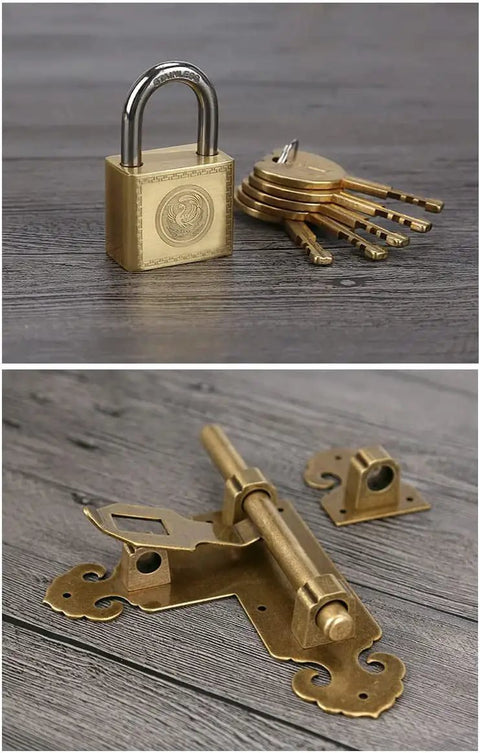 SSWKTCRPZ Solid Brass Door Lock Slide Bolt Gate Latch for Cabinet Window with lock and keys on wooden background.