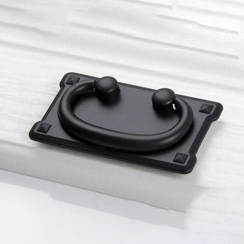 Vintage Antique Cabinet Pulls And Drawer Ring Handles Pack Of Two For Furniture Doors Black Retro Style Hardware shown on wood