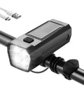 Dope 300 Lumen USB Rechargeable Bike Lights With 8 Modes And Solar Charge shown mounted on handlebars with USB cable