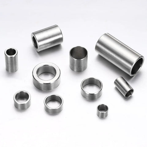 Six Pack M10 Stainless Steel Spacers, Three Eighths Inch Inside Diameter, Five Eighths Inch Outside Diameter, Three Eighths Inch Long, Unthreaded Round Standoff Bushings, Plain Finish, For Screws And Bolts, Silver, assorted sizes