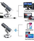 4K Wireless Microscope With 50X To 1000X Zoom For iPhone Android PC USB Digital Endoscope Camera Dope Wireless HD Microscope Plug And Play Compatible With All Cellphones Tablets Windows Mac Chrome Linux, shown with USB stand and device compatibility icons