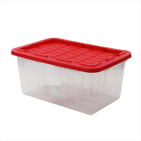 Kickass Clear Plastic Storage Bins Pair 27 Gallon Stackable Totes With Red Snap On Lids And Built In Handles Hella Spacious Organizers For Garage Closet Dorm And Holiday Decor Boxes, clear bin with red lid.