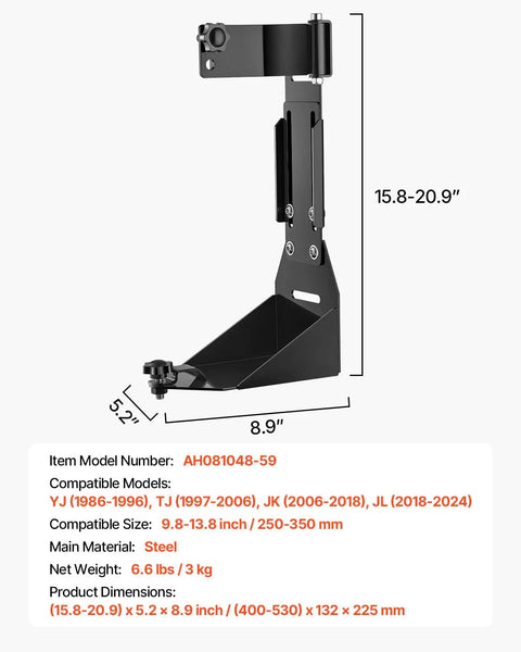 Rock Solid High Lift Jack Mount Bracket For Jeep Wrangler YJ TJ JK JL showing black steel construction, adjustable height from 15.8 to 20.9 inches.