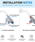 Installation guide showing correct and incorrect setup of solid metal shower arm diverter for handheld and fixed shower heads, chrome.